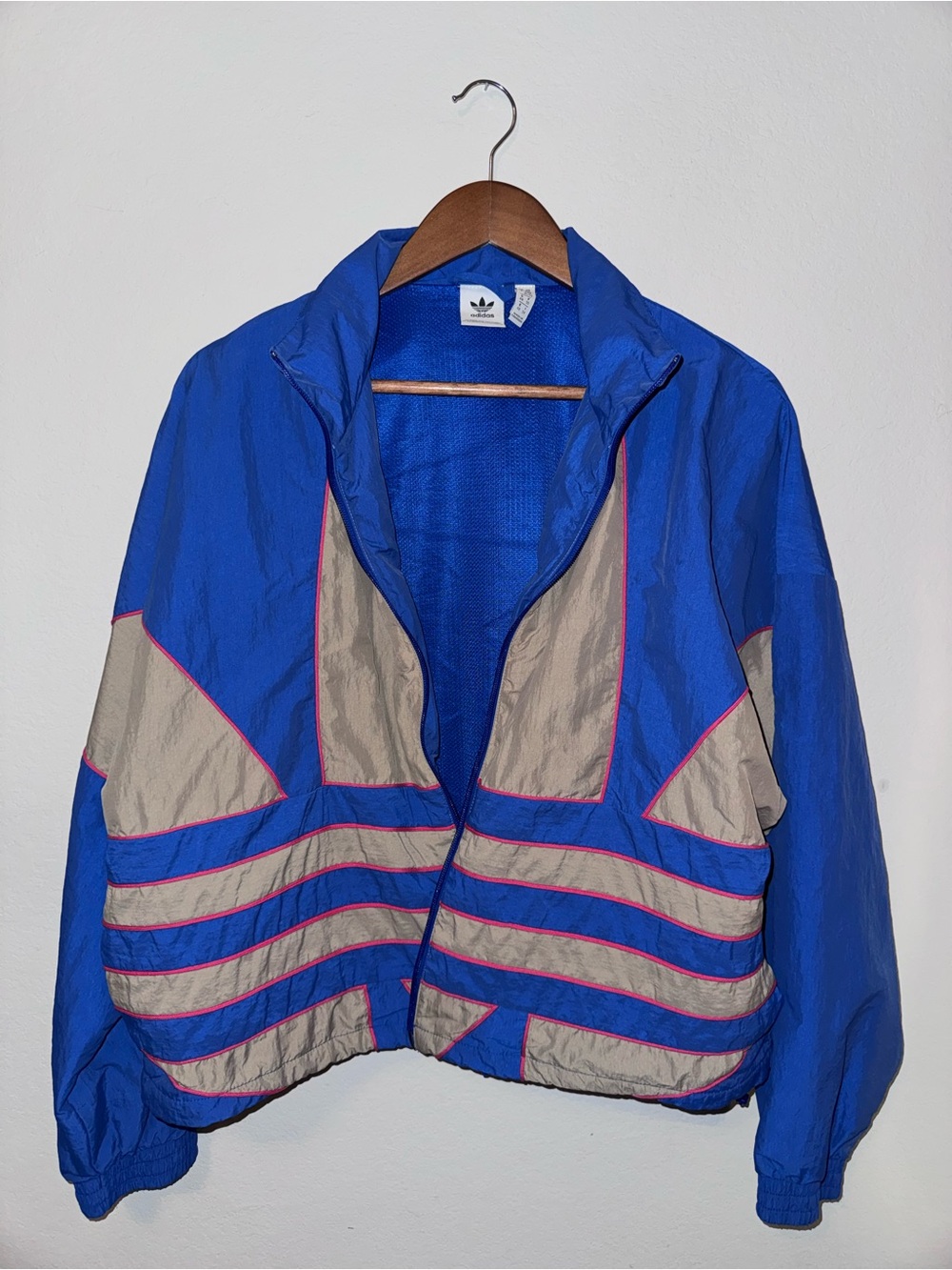 adidas Blue and Beige Retro Bomber Jacket with Pink Trim - Picture 2 of 5